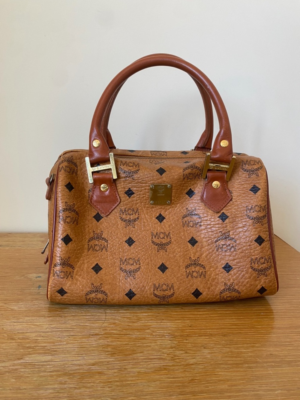 Vintage MCM Cognac Visetos Boston Bag Satchel Munich Era +